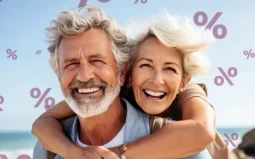 Lachendes älteres Paar am Meer umarmt sich, im Hintergrund sieht man Prozente. Angebote von Schuy Reisen.