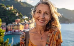 Attraktive ältere Frau vor der Küste von Portofino, Italien.