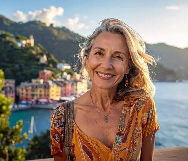 Attraktive ältere Frau vor der Küste von Portofino, Italien.