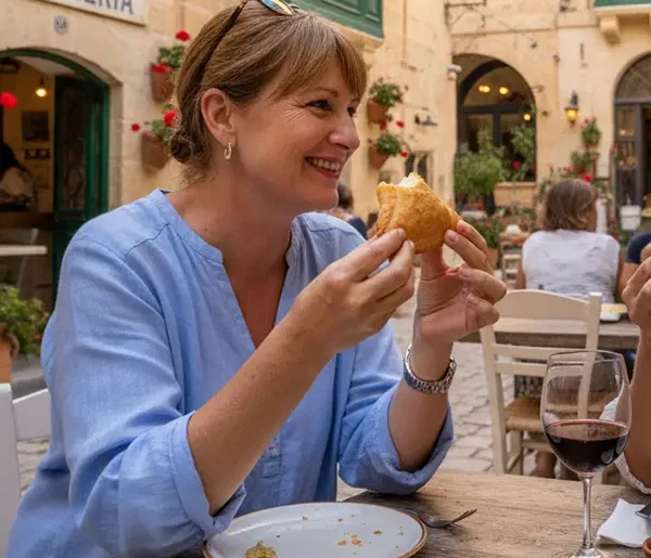 Eine Frauen probiert in Rabat Pastizzi, während einer Malta Reise von Schuy.