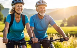 Ein älteres Pärchen fährt in einer schönen Landschaft E-Bike, während einer Schuy Radreise.