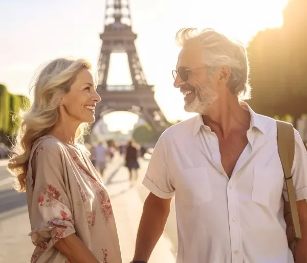 Älteres attraktives Pärchen schaut sich verliebt vor dem Eifelturm an, während einer Städtereise.