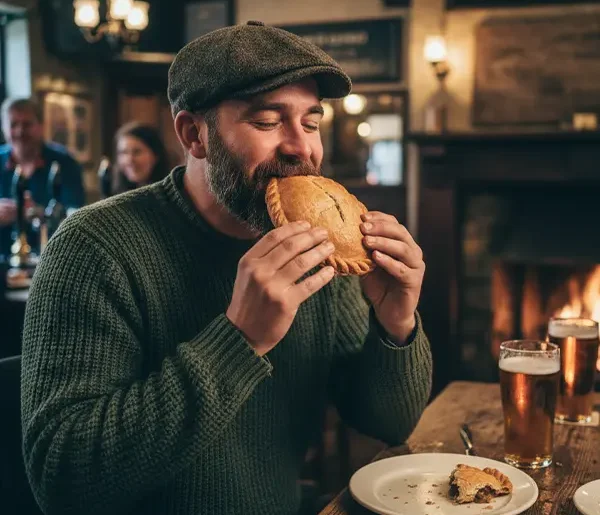EinMann beißt nenüsslich in ein Cornish Pasties in einem typisch englischen Pub während einer England Busreise.