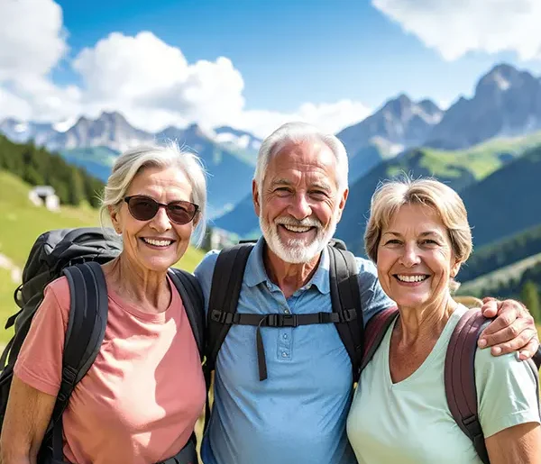 Drei glückliche Wanderer vor einem Bergpanorama während einer Wanderreise mit Schuy.
