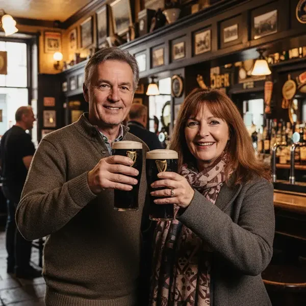Ein nettes Paar in einem irischen Pup prostet mit einem Guniness in der Hand während einer Busreise nach Irland.