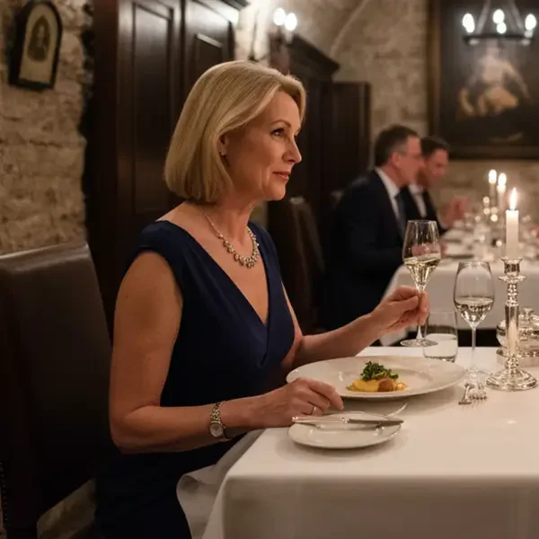 Eine Elegante frau speist in einem gehobenen Restaurant während einer Busreise nach Salzburg, Österreich.