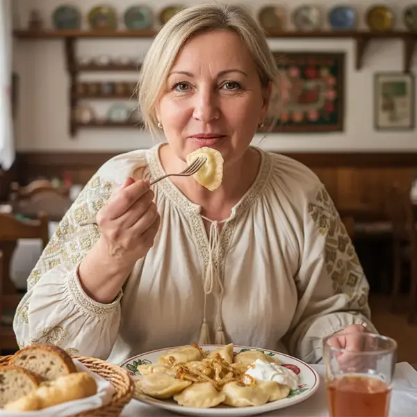 Eine Frau genießt Pierogi in einem polnischen Restaurant in Danzig während einer Busreise.