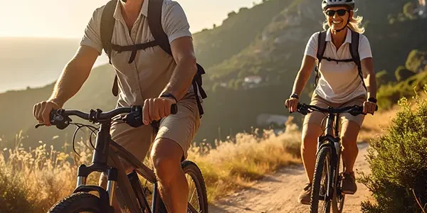 Zwei glückliche Radfahrer in traumhafter mediterraner Landschaft mmit Abendstimmung während einer Schuy Radreise.
