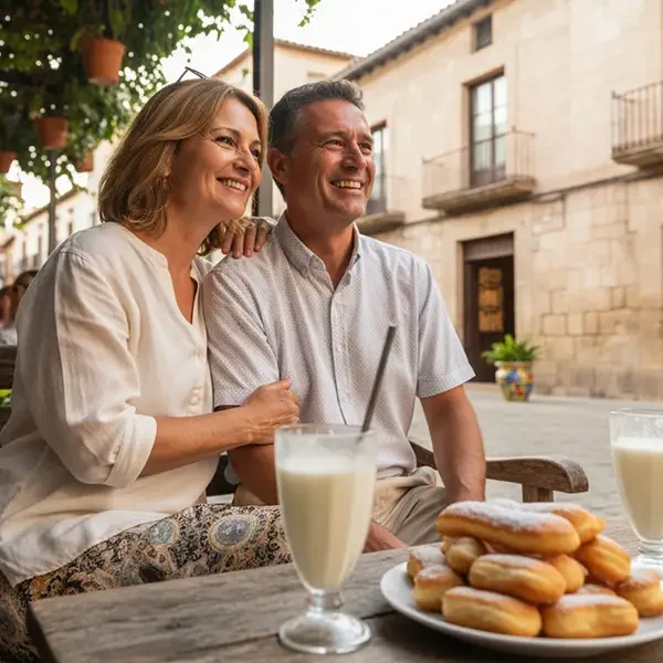Ein Paar sitz in Valencia in einem restaurant garten und genießt Horchata & Fartons während einer Busreise nach Spanien.