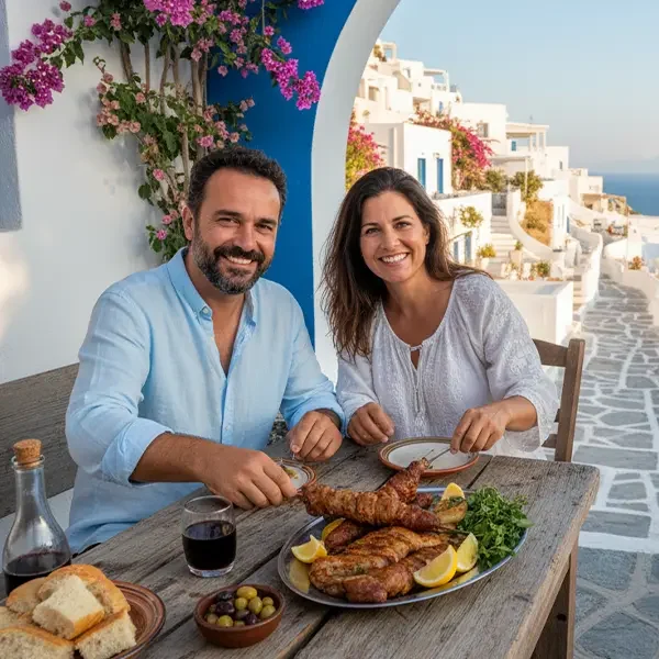 nettes Pärchen isst Kokoretsi in einer Grieschichen Taverne, im Hintergrund sieht man einen typisch Griechische Stadt während einer Busreise nach Griechenland.