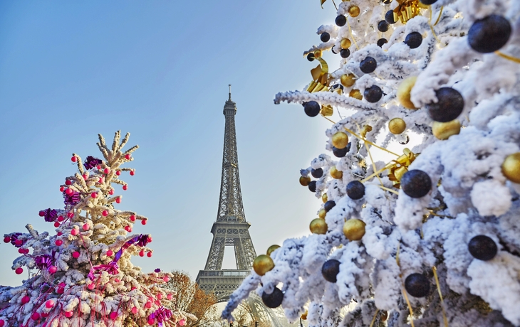 Weihnachtsbaum bedeckt mit Schnee nahe dem Eiffelturm in Paris