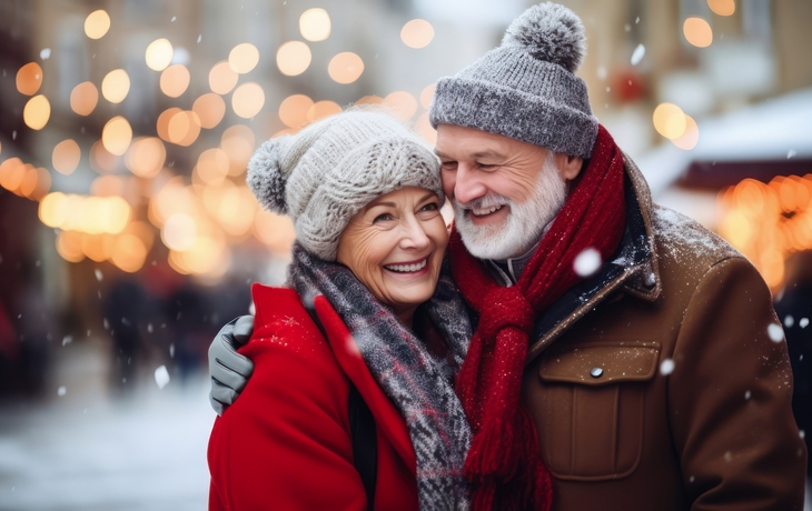 älteres Paar in warmer Kleidung mit einem unscharfen verschneiten Straßenhintergrund