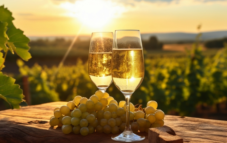 ein gekühltes Glas Prosecco-Sekt auf einem rustikalen Holztisch