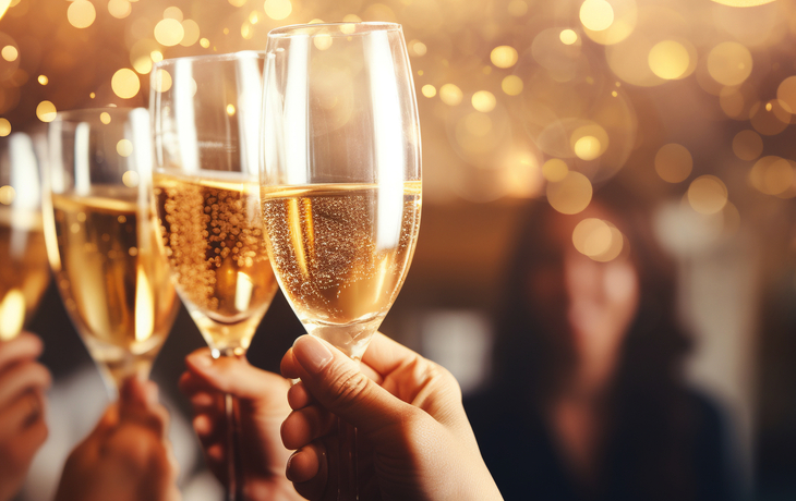Nahaufnahme von Menschen, die mit Champagnergläsern anstoßen