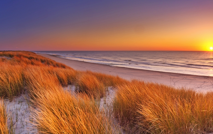Dünen und Strand bei Sonnenuntergang auf der Insel Texel, Niederlande