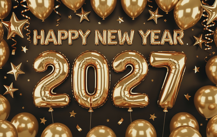 Neujahr 2027: goldene Luftballon-Ziffern für Grußkarten, Einladungsdesigns und festliche Werbematerialien