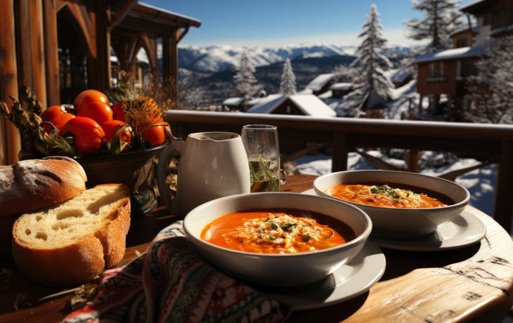 zwei Schüsseln Suppe und Brot auf der Veranda eines Chalets