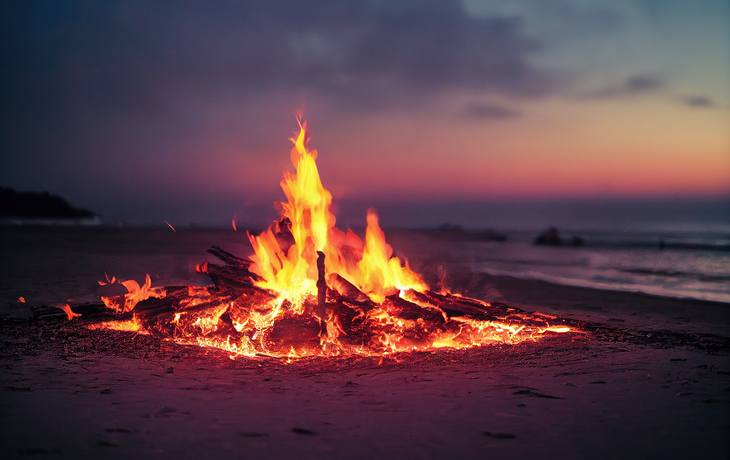 Lagerfeuer an der Küste einer einsamen Insel im Morgengrauen